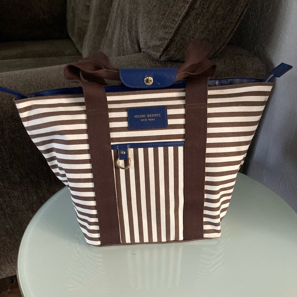 henri bendel Brown and White Striped Canvas Travel Tote with Blue Leather Trim